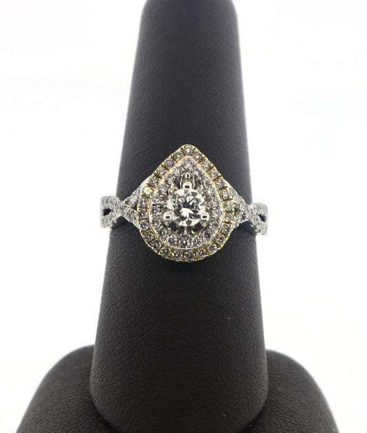 14K Two Tone Pear Halo Diamond Ring