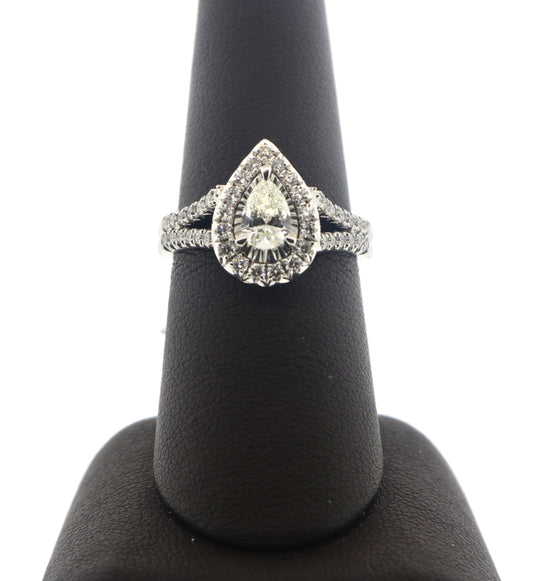 14K White Gold 0.51/1CTW 5.2 Grams Pear Halo Diamond Ring