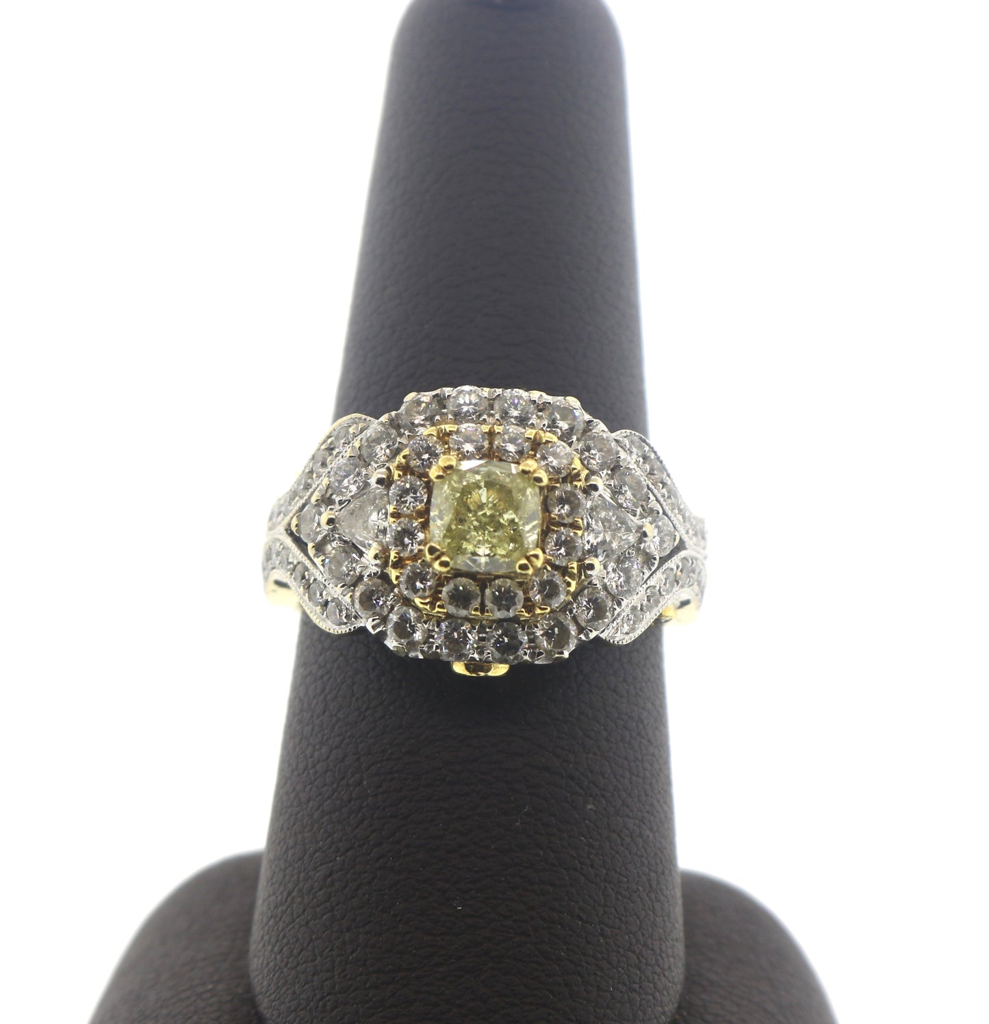 18K Two Tone 0.81CT Cushion/Fancy Yellow Stone 1.68CT RDS Diamond Ring