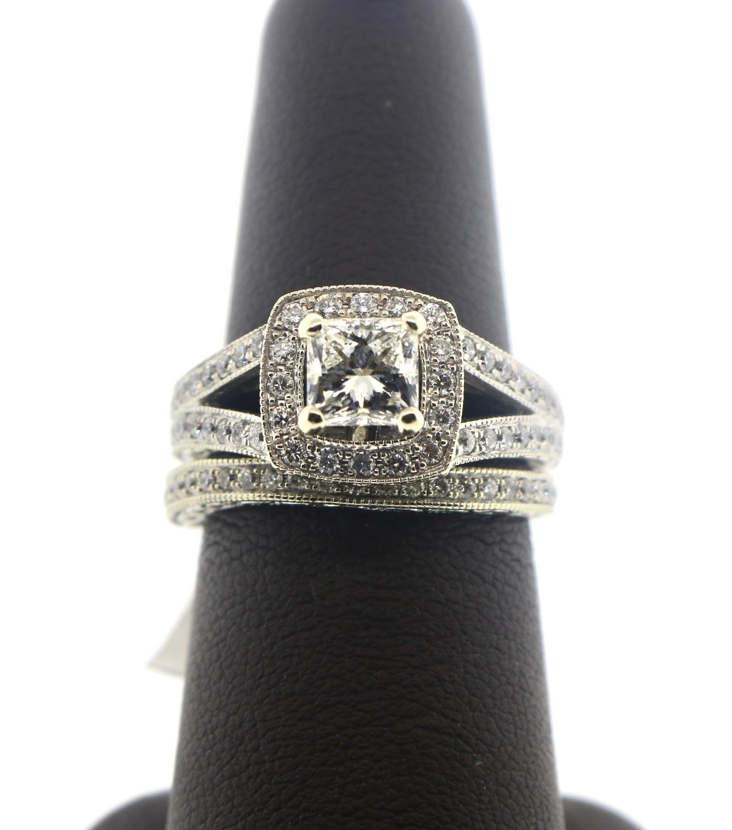 14K White Gold 0.96Prong/1CT H/SI1 Halo Bridal Ring Set