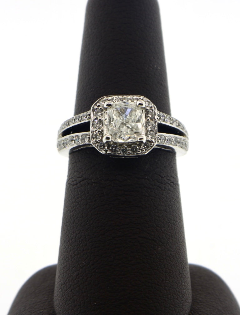 14K White Gold 0.92 Cushion/0.50CT 2 Row Split Halo Diamond Ring