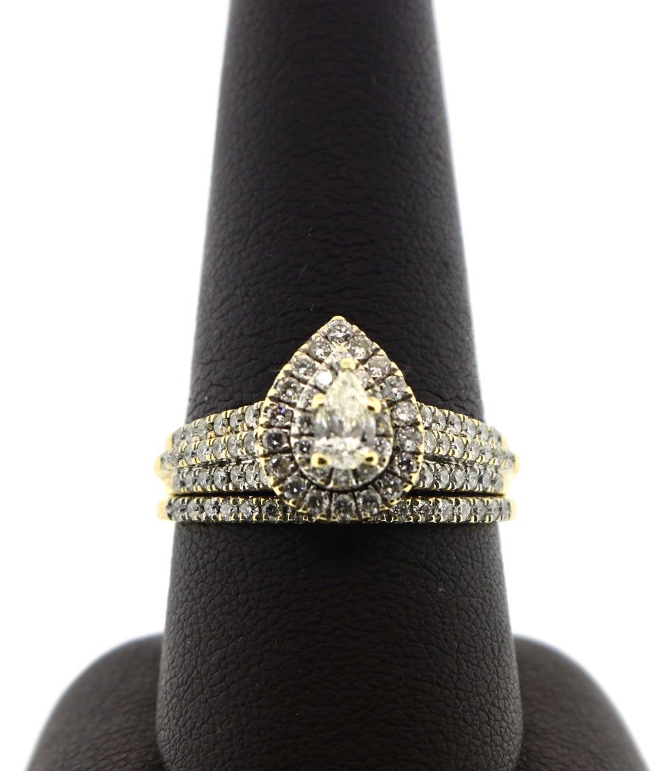 14K Yellow Gold 1CT Tear Drop Halo Bridal Ring Set