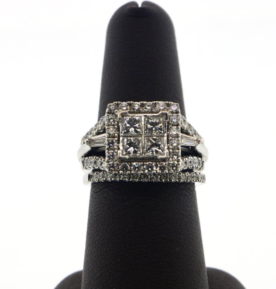 14K White Gold 2CTW Cluster Diamond Ring with Band