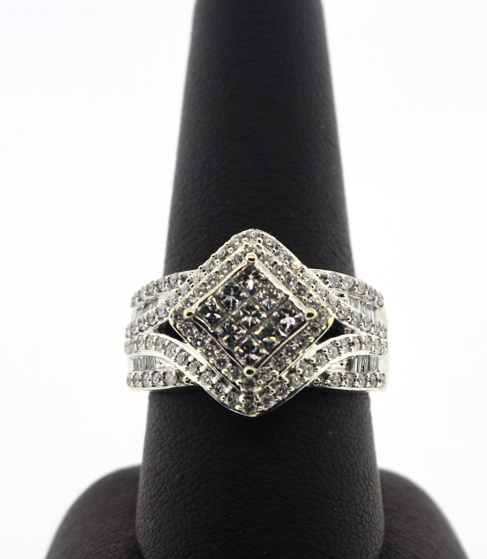 14K White Gold 1.5CT Prong/RD/BG Cluster Ring