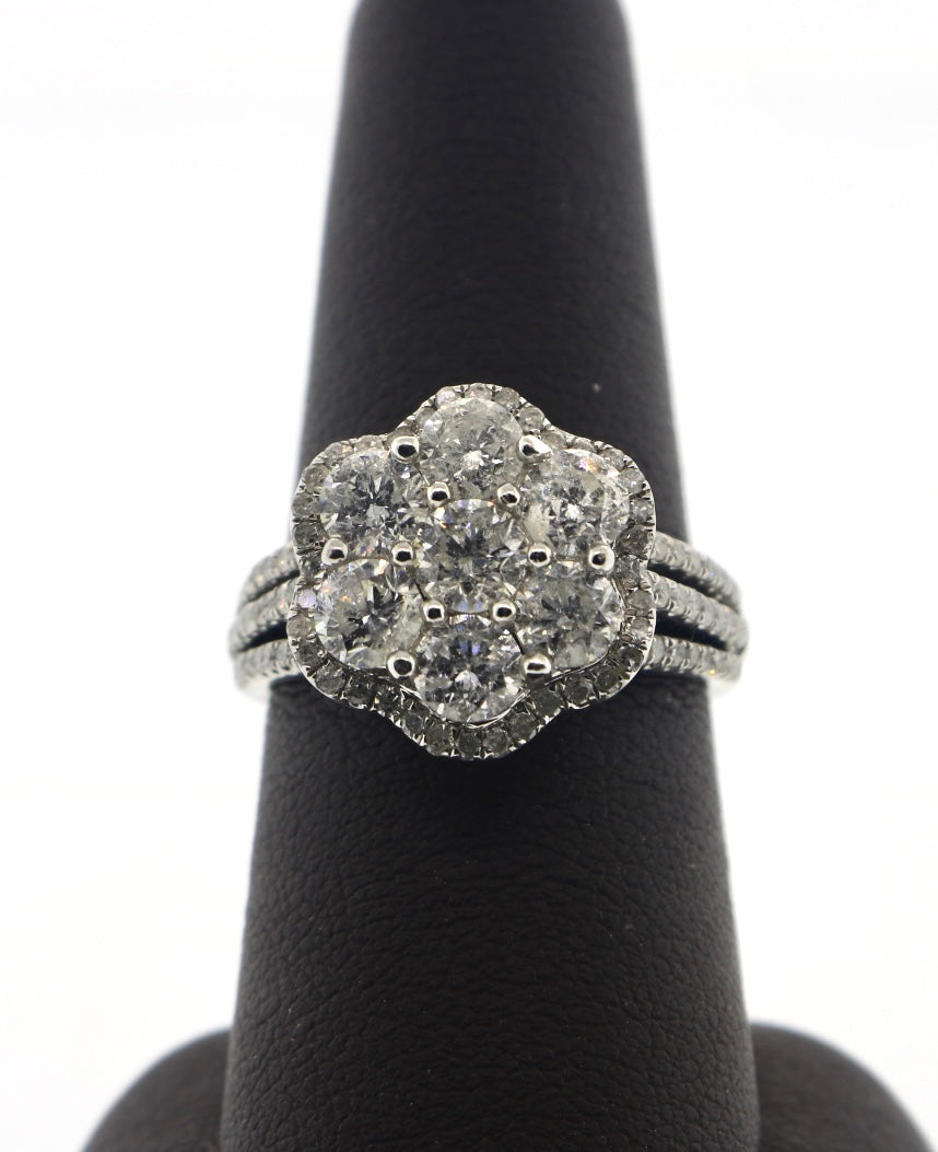 10K White Gold 2.50CT Halo Flower Cluster Ring