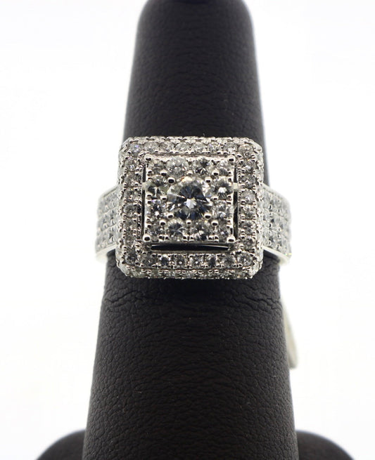 14K White Gold 2.5CT Square Halo 3 Row Ring