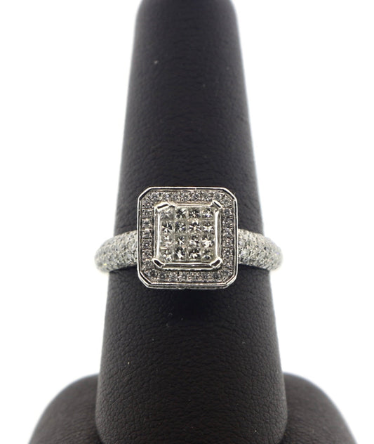 14K White Gold 2.10CTW Prong/RDS Invisible/Pave Cluster Ring