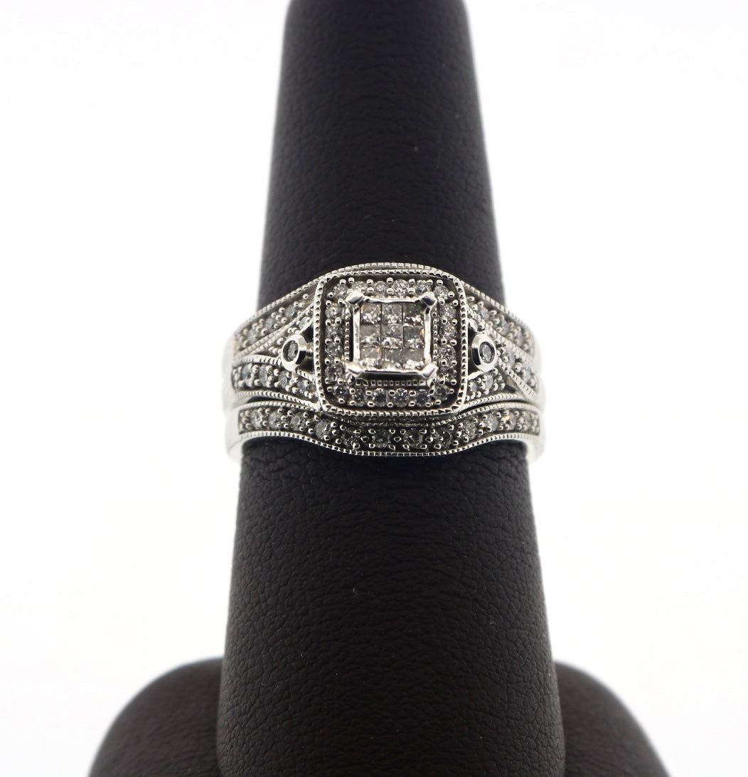 14K White Gold 0.60CT Halo Square Cluster 7.4 Grams Bridal Ring Set